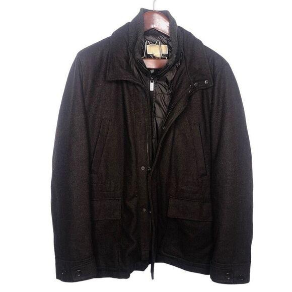Michael Kors Men’s Brown Wool Peacoat 2-in-1 Built In Coat Jacket Large L - Picture 1 of 7